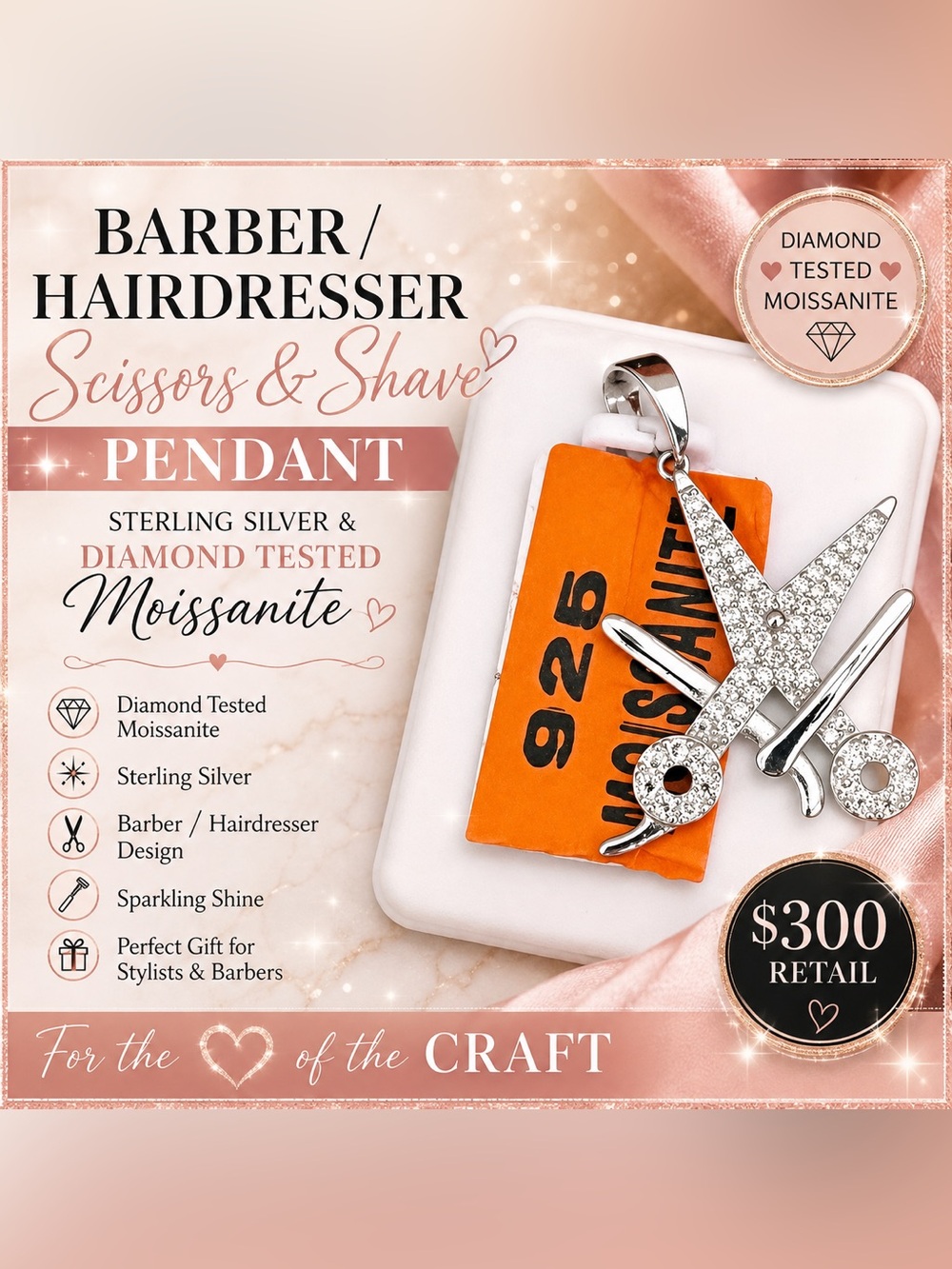 Barber/Hairdresser Scissors & Shave Pendant. Sterling & Moissanite $300 retail